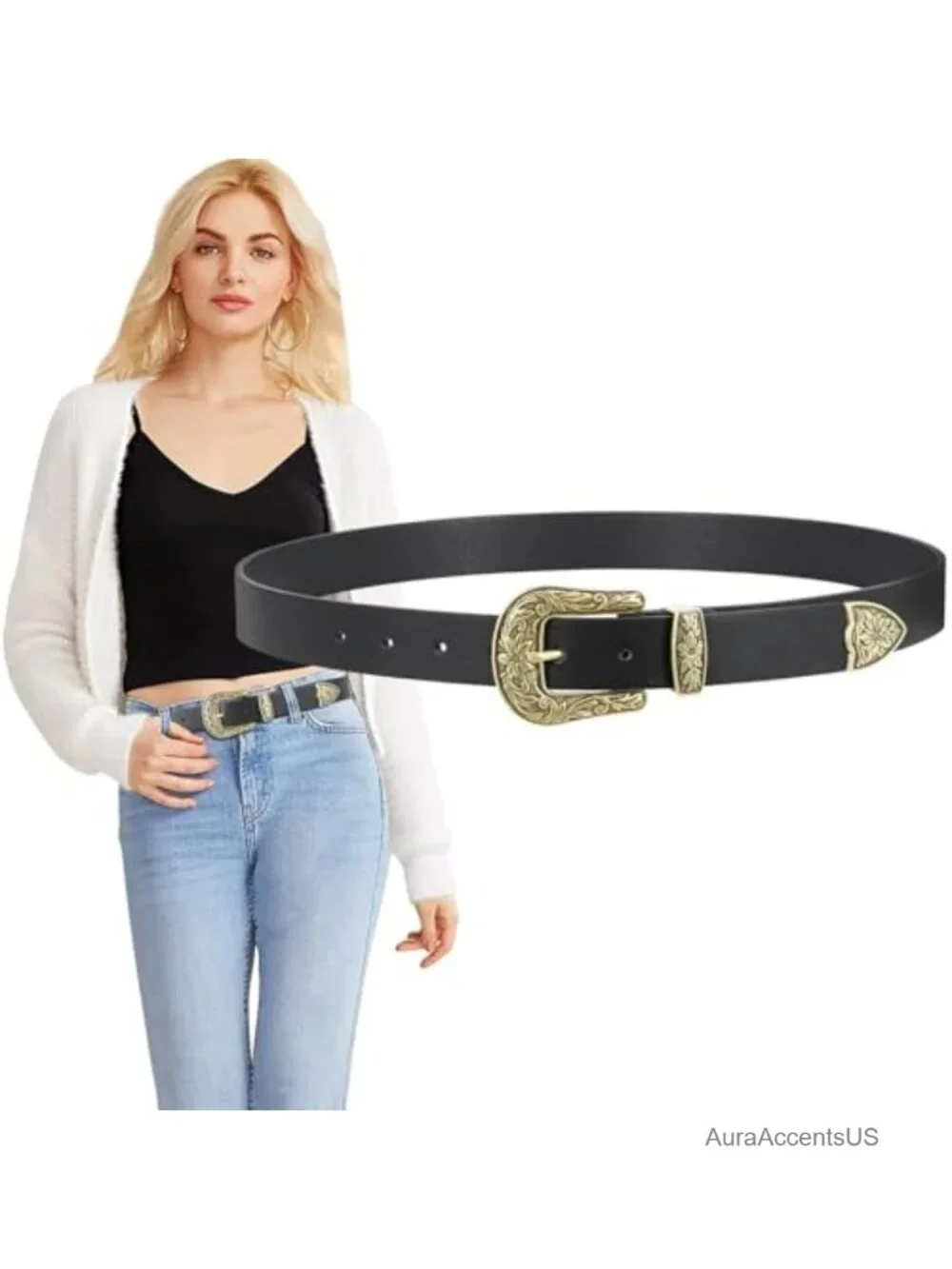 Vintage Western Belt for Women PU Leather Floral Buckle Cowgirl Waist Belt